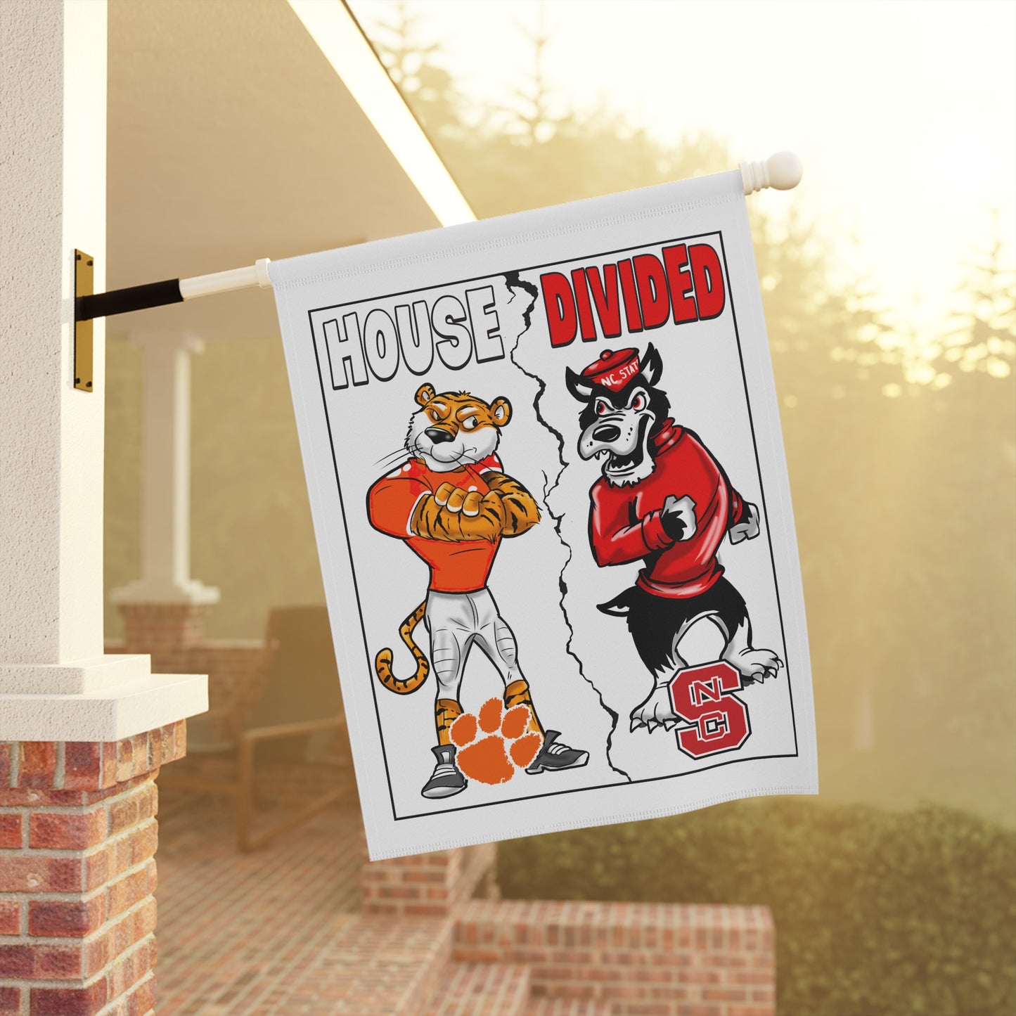 Clemson vs North Carolina State House Divided Banner - College Sports Fan Flags, Home & Yard Sign, Outdoor Decoration for Game Day